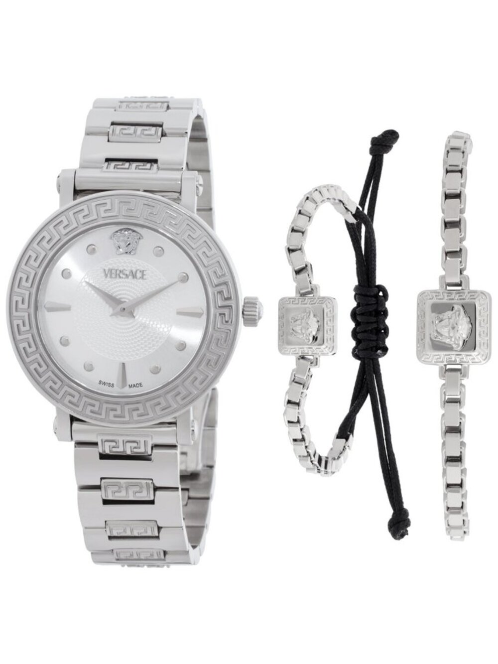 NWT Versace Greca Sphere Quartz Silver Dial Ladies Watch Box Set
